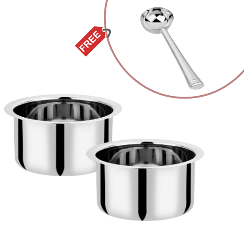 Vinod stainless steel induction friendly flat bottom tope without lid, 5.5 litre & 6.7 litre, no 17 & 18, side view