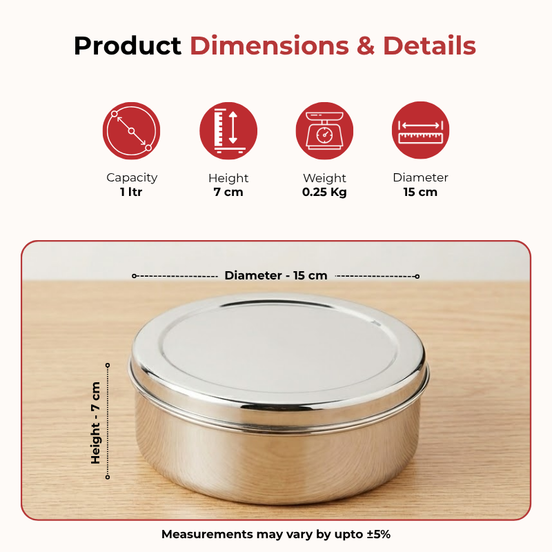 Vinod stainless steel puri dabba set of 8, capacity: 300 ml to 2500 ml, product view 12
