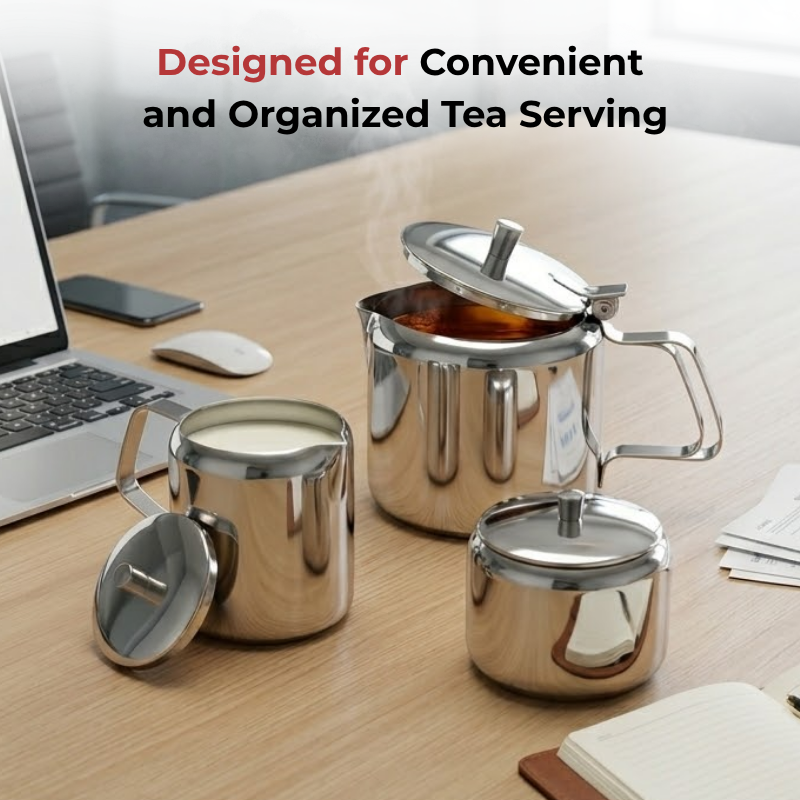 Vinod stainless steel 3 piece large tea set, 1000 ml tea pot with 250 ml milk and sugar pots, product view 12