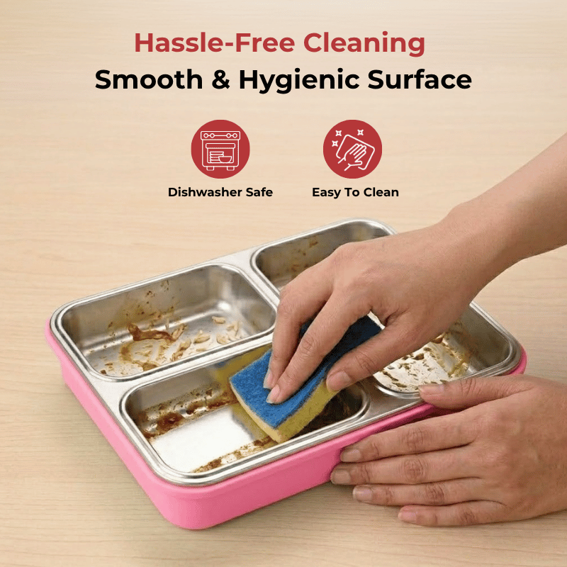 Vinod stainless steel 3 compartment tiffin in pink, silicone-sealed airtight lid, product view 12