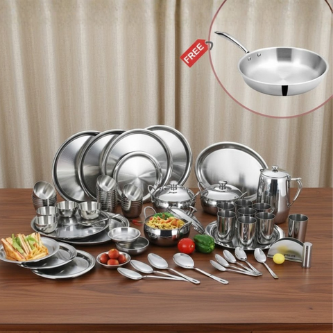 Vinod Doniv 77 piece two tone dinner set for eight with free fry pan, front view