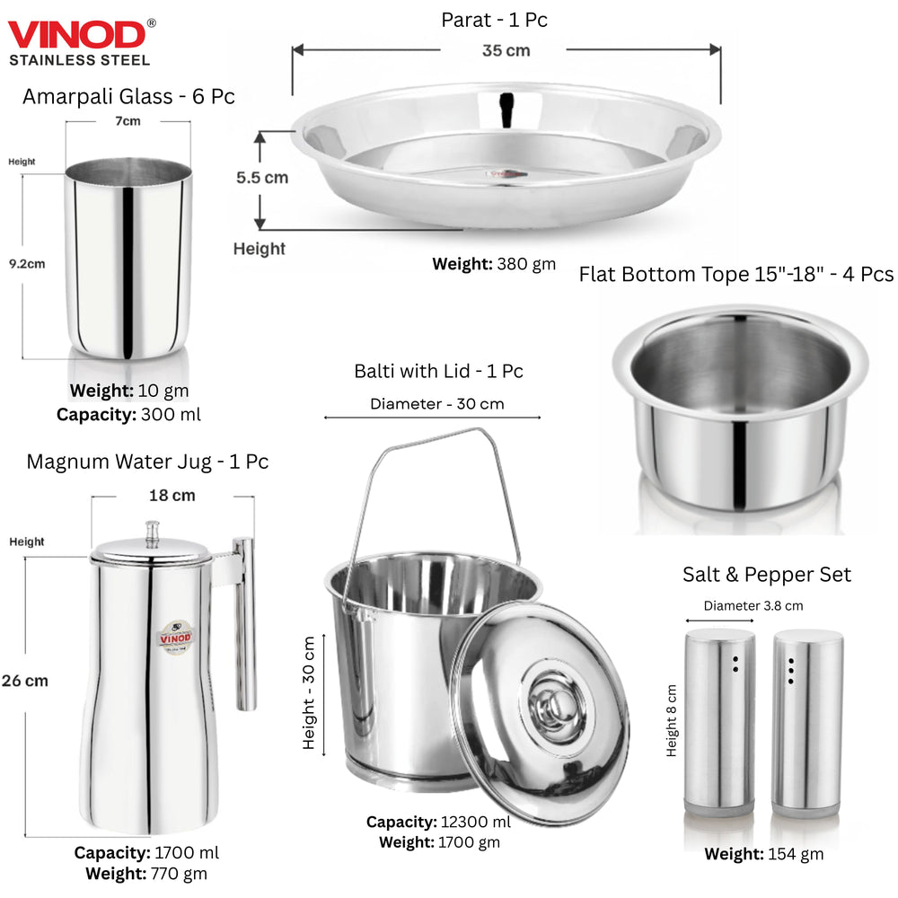 Vinod 114 Pieces Griha Pravesh Kitchen Set Ideal Gift Choice for Anniversaries, angled view