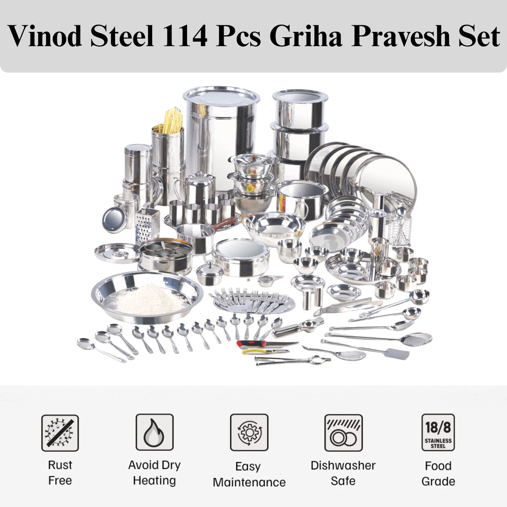 Vinod 114 Pieces Griha Pravesh Kitchen Set Ideal Gift Choice for Anniversaries, side view