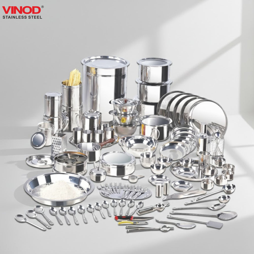 Vinod 114 Pieces Griha Pravesh Kitchen Set Ideal Gift Choice for Anniversaries, front view