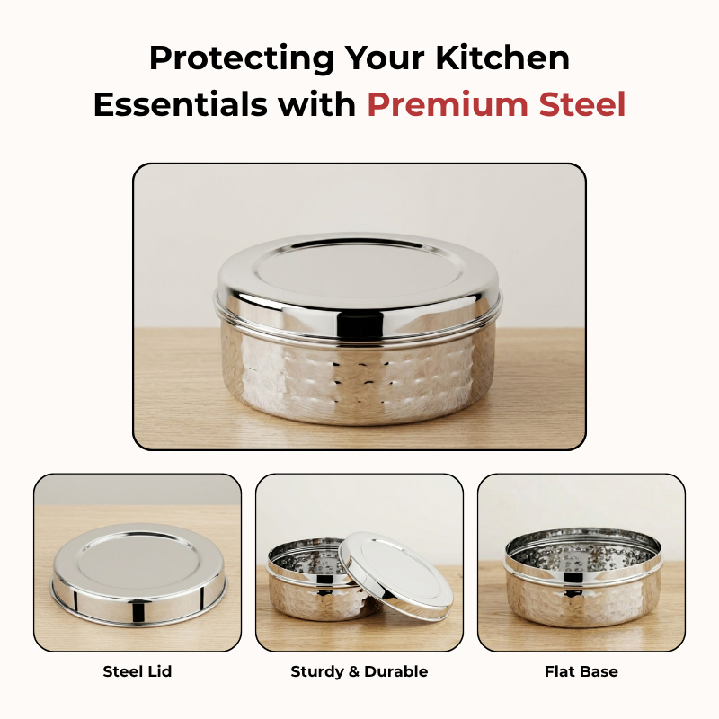 Vinod hammered stainless steel puri dabba set of 4, 300 ml to 1000 ml, airtight lids, product view 13
