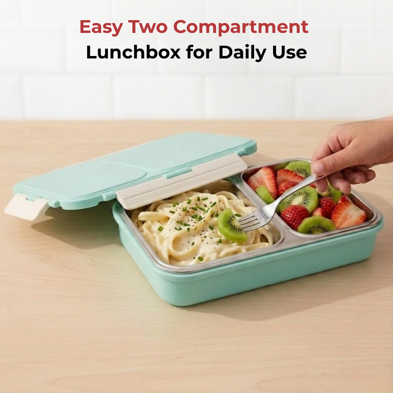 Vinod stainless steel 2 compartment tiffin in blue, airtight and leak-proof, top view
