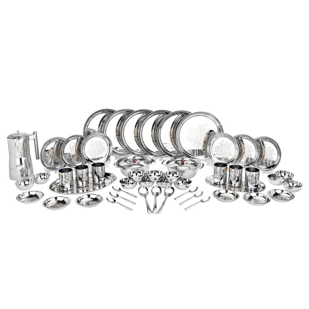 Vinod Laser stainless steel 51 piece dinner set, heavy gauge and dishwasher safe, side view