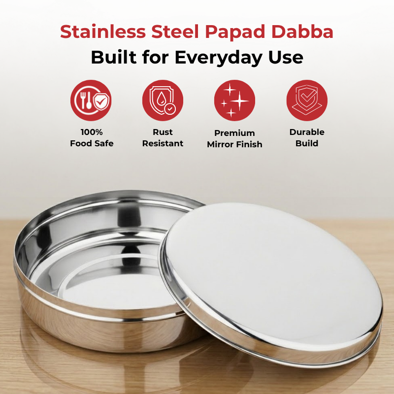 VINOD Stainless Steel Papad Dabba with Mirror Finish, Tough & Strong Build, Rust Free, Easy to Clean & Dishwasher Safe – 9.5 Inch (No.14)