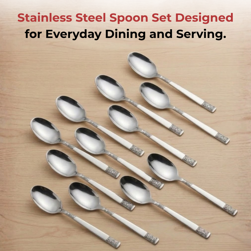 Vinod Moscow stainless steel dessert spoon set of 12, top view