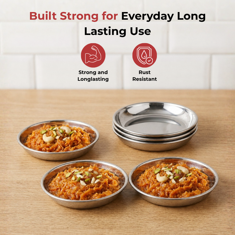 Vinod Stainless Steel Round Beeding Halwa / Dessert Plate Set of 6 Pieces, top view