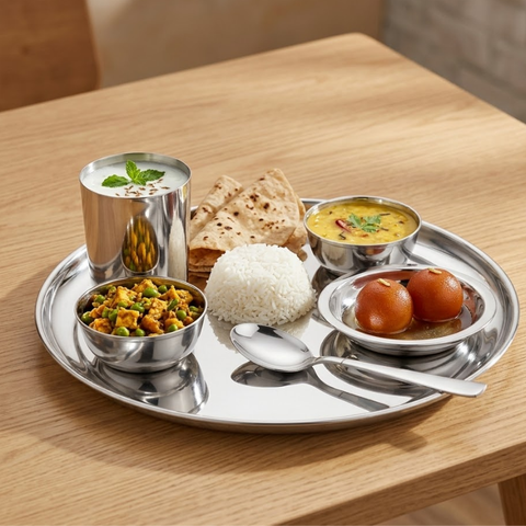 Vinod stainless steel Rajbhog thali 6 piece set with plate, bowls, glass and spoon, front view