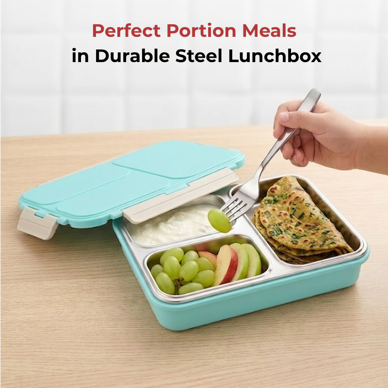 Vinod stainless steel 3 compartment tiffin in blue, silicone-sealed airtight lid, top view
