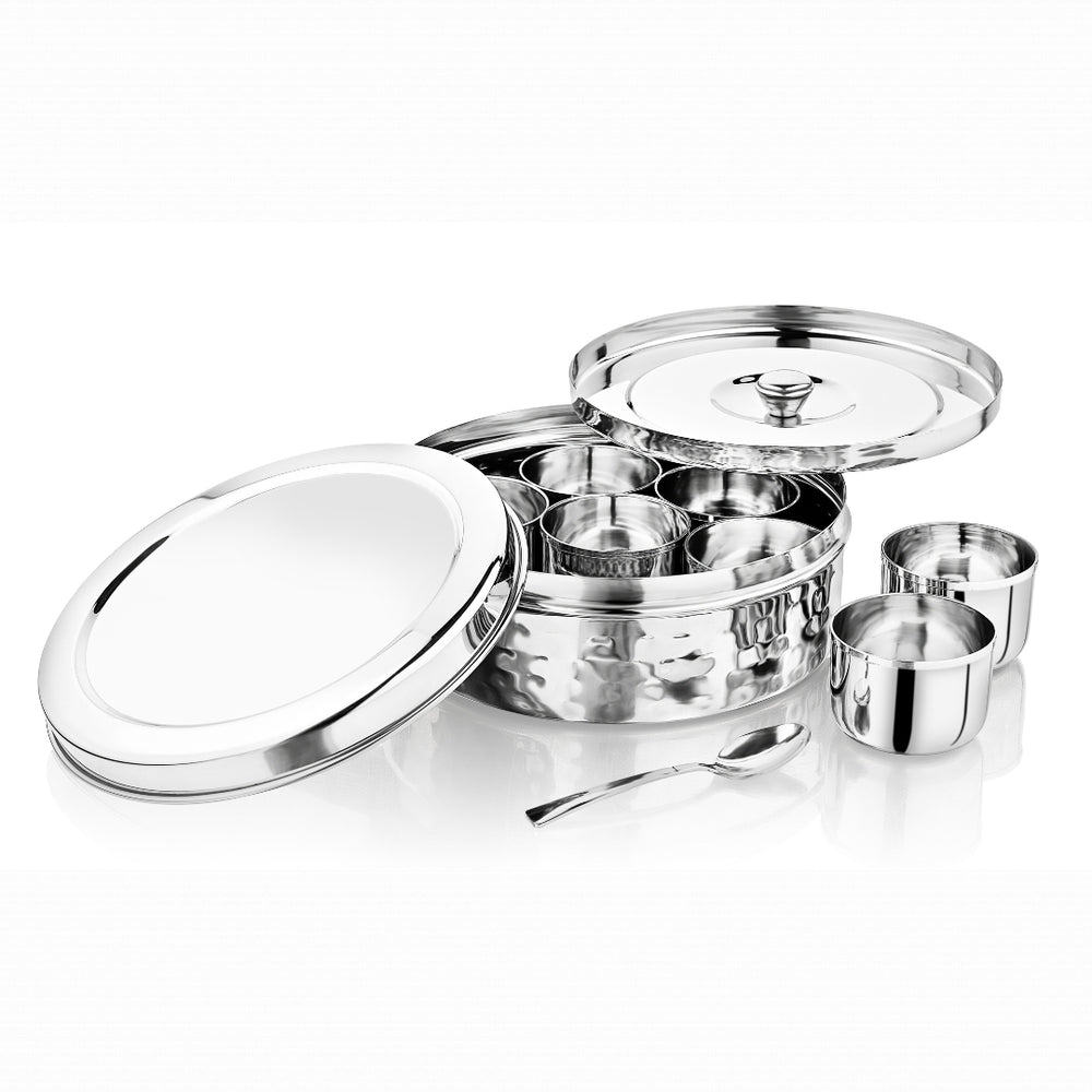 Vinod Hammered Stainless Steel Masala Dabba / Spice Box with 7 Containers, side view