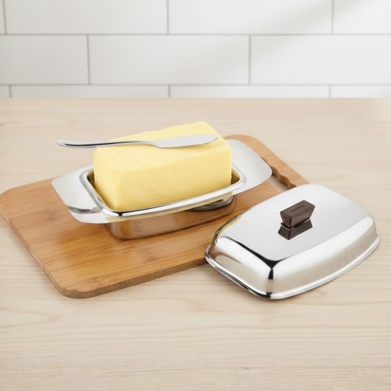 Vinod Stainless Steel Butter Dish With Butter Knife & Lid, front view