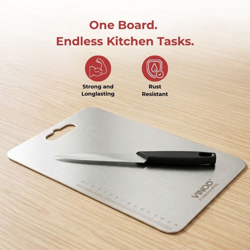 Vinod stainless steel chopping board, 30.5 by 20 cm, knife-friendly surface, top view