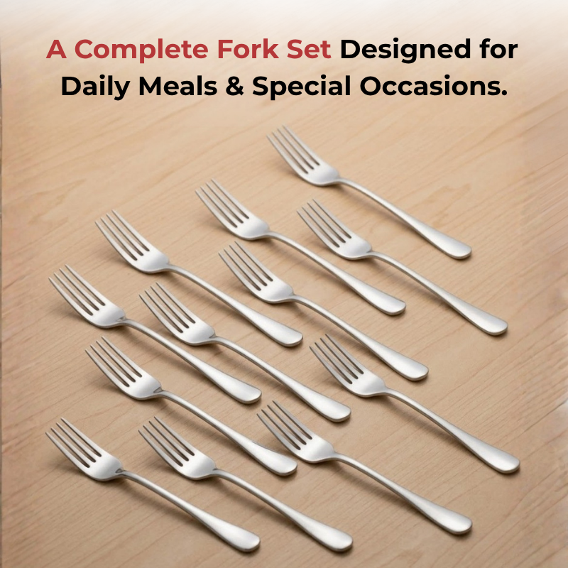 Vinod Decora stainless steel dinner fork set of 12, top view