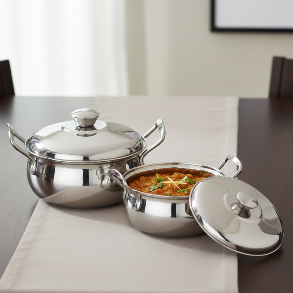 Vinod stainless steel milano serving casserole with steel lid & side handle, set of 2, 1230 ml & 1630 ml, side view
