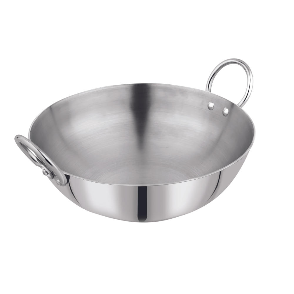 Vinod claro heavy gauge kadai (plain) with 2.5 mm, set of 2, capacity 3.2 litre & 3.8 litre (26cm & 28cm), angled view