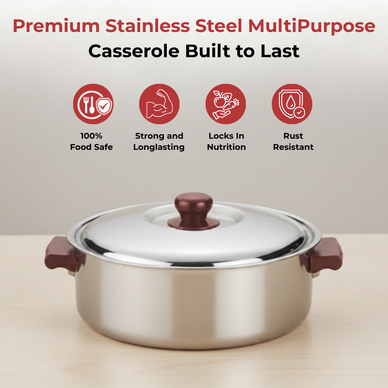 Vinod Stainless Steel Multipurpose Hot Casserole with lid, 2800 ml Capacity, top view