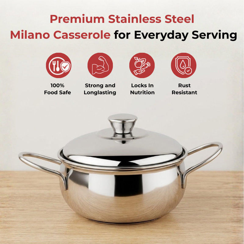 Vinod stainless steel milano plain serving casserole with steel lid & side handles, 2000 ml, angled view