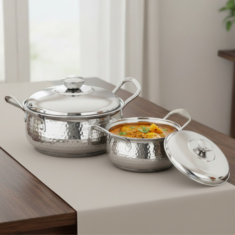 Vinod stainless steel milano hammered serving casserole with steel lids & side handles, set of 2, 1230 ml, 1630 ml, side view