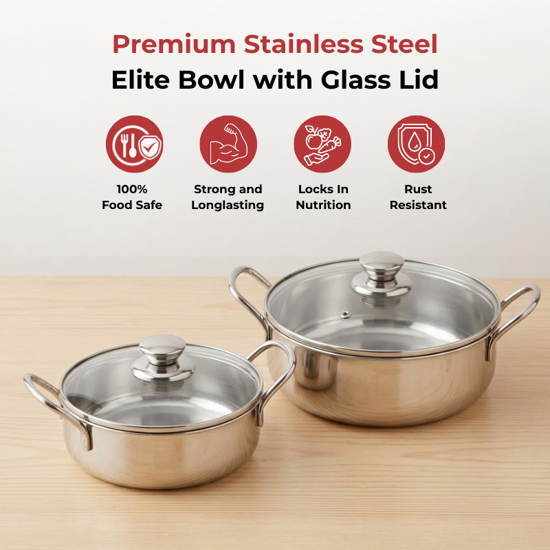 Vinod Stainless Steel Elite Bowl 2 Pcs Set with Glass Lid & Side Handles, top view