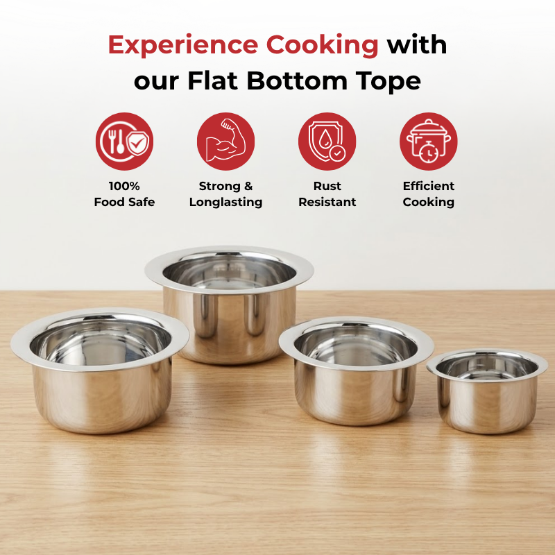 Vinod stainless steel induction friendly flat bottom tope 4 piece set, 3.7 to 6.7 litre, top view
