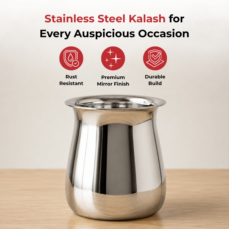 Vinod Stainless Steel Shubham Kalash for Ritual Use, top view