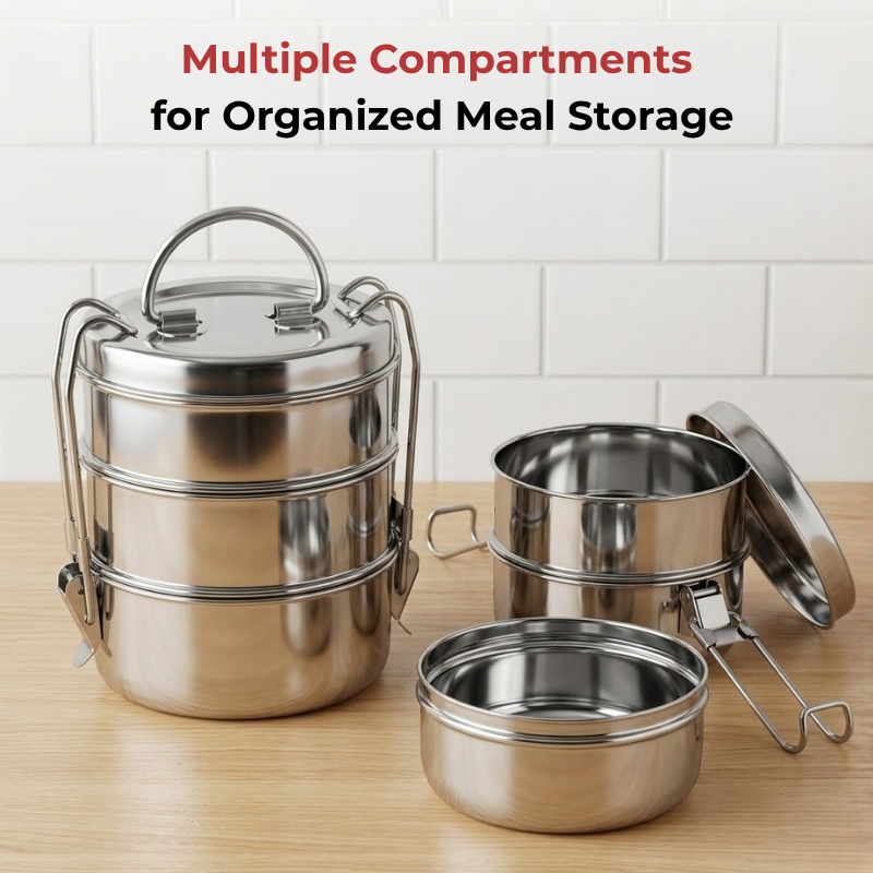 Vinod Stainless Steel Lunch Tiffin - 3 Compartment, top view
