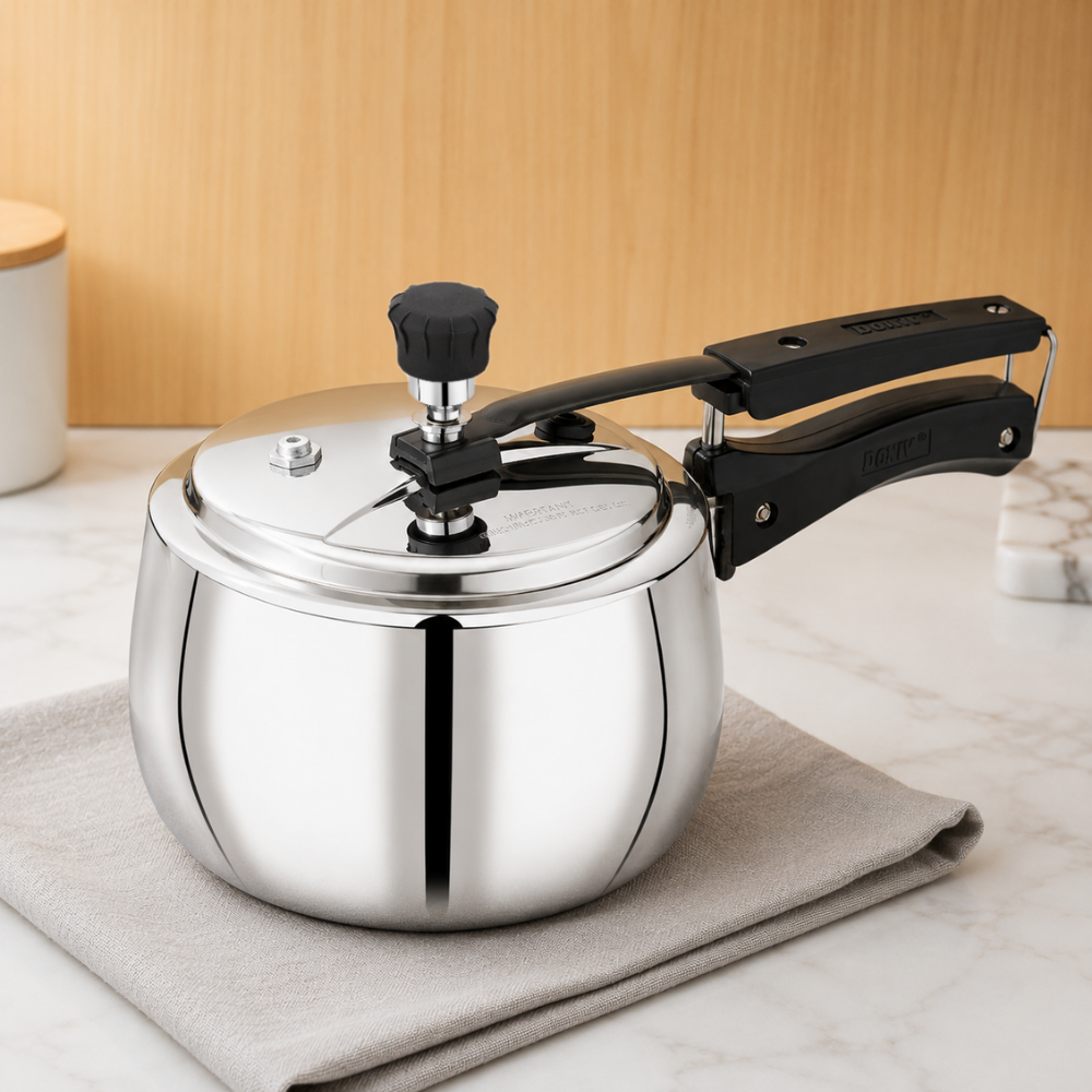 Vinod Doniv Titanium Triply stainless steel pressure cooker with inner lid, 2 litre, front view