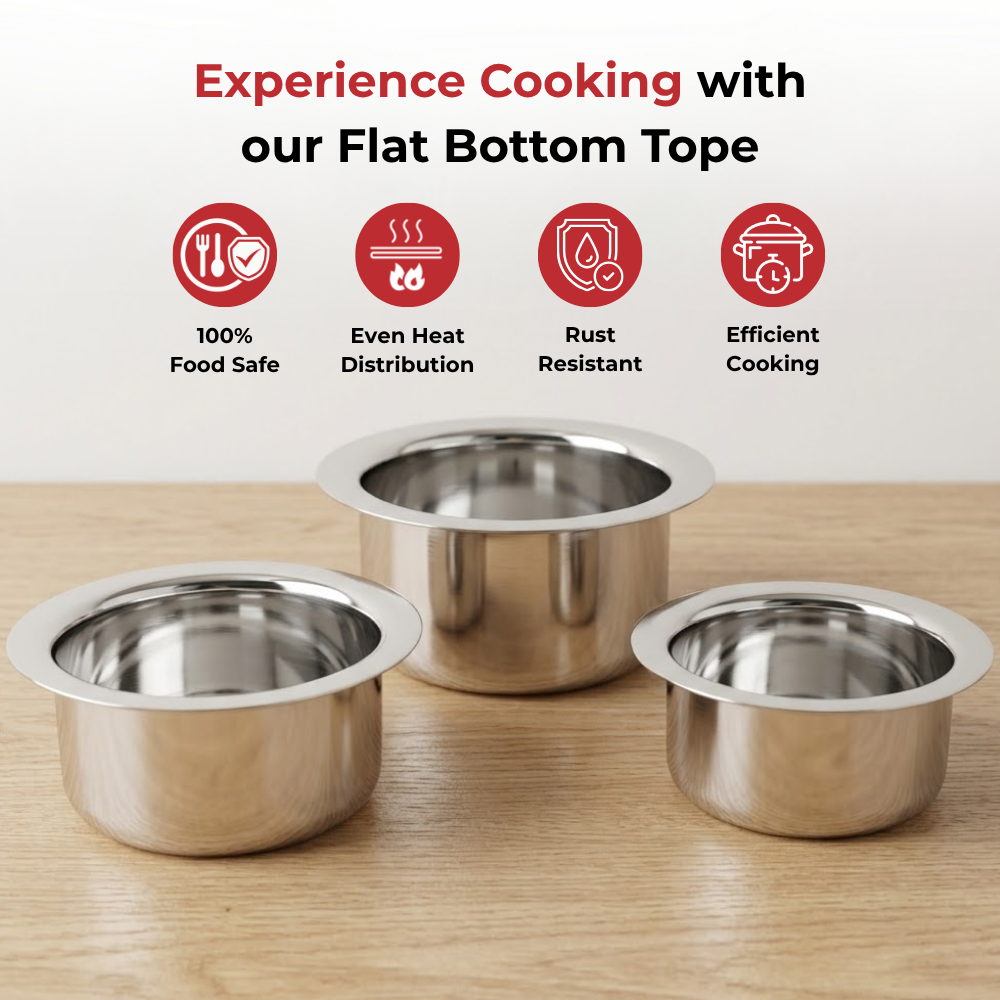 Vinod stainless steel induction friendly flat bottom tope set of 3, 1400 ml, 1800 ml and 2300 ml, side view