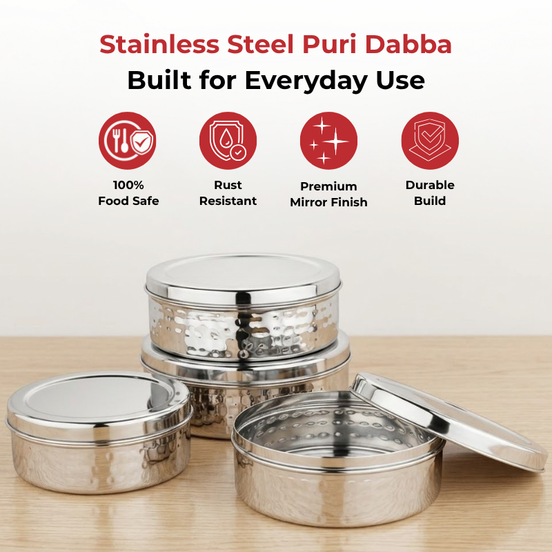 Vinod hammered stainless steel puri dabba set of 4, 1200 ml to 2500 ml, airtight lids, top view