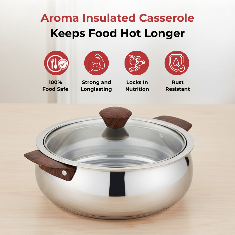 Vinod Stainless Steel Aroma Insulated Casserole with Glass Lid & Wooden Knob, angled view