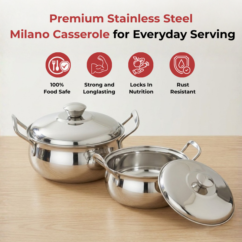 Vinod stainless steel milano serving casserole with steel lid & side handle, set of 2, 1230 ml & 1630 ml, angled view