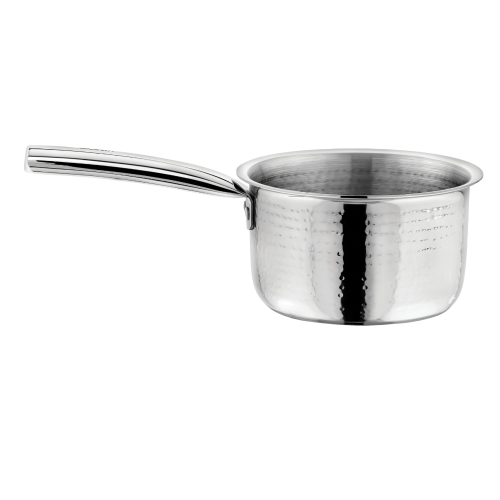 Vinod claro heavy gauge stainless steel hammered cookware set, 5 pcs, in-use view