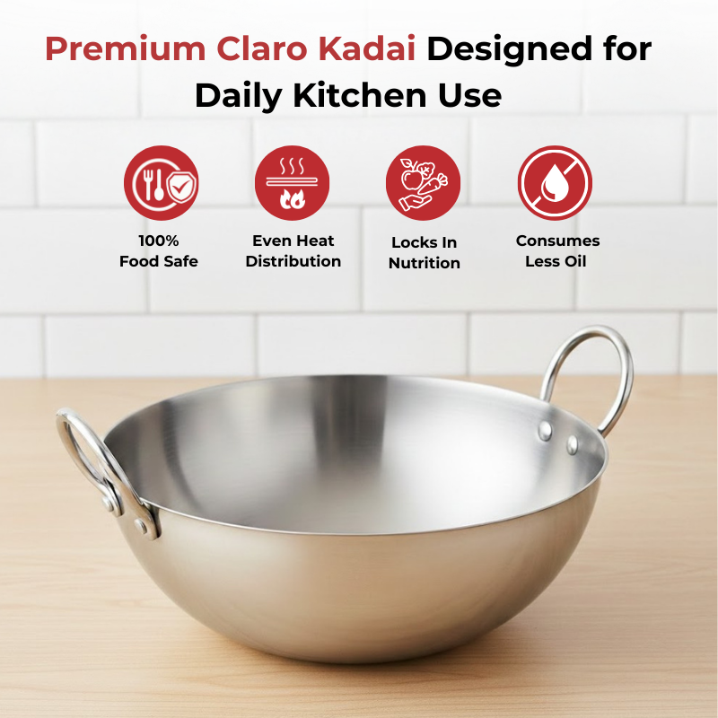 Vinod Claro Heavy Gauge Stainless Steel Plain Kadai, 2.5 mm, angled view