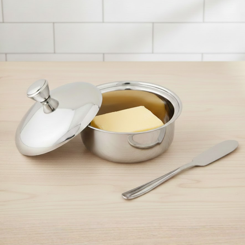 Vinod Stainless Steel Butter Pot with Butter Knife & Lid 100 gram Capacity, side view