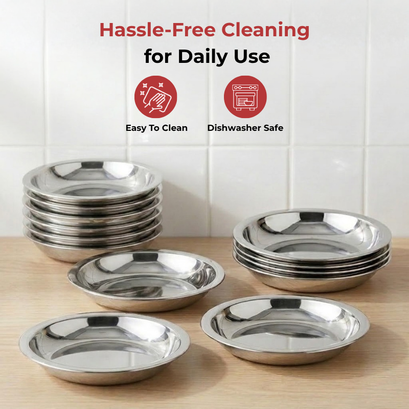 Vinod Stainless Steel Round Beeding Halwa / Dessert Plate Set of 12 Pieces, angled view