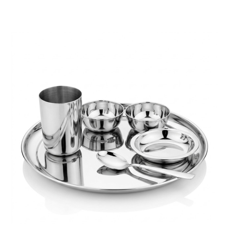 Vinod stainless steel Rajbhog thali 6 piece set with plate, bowls, glass and spoon, side view