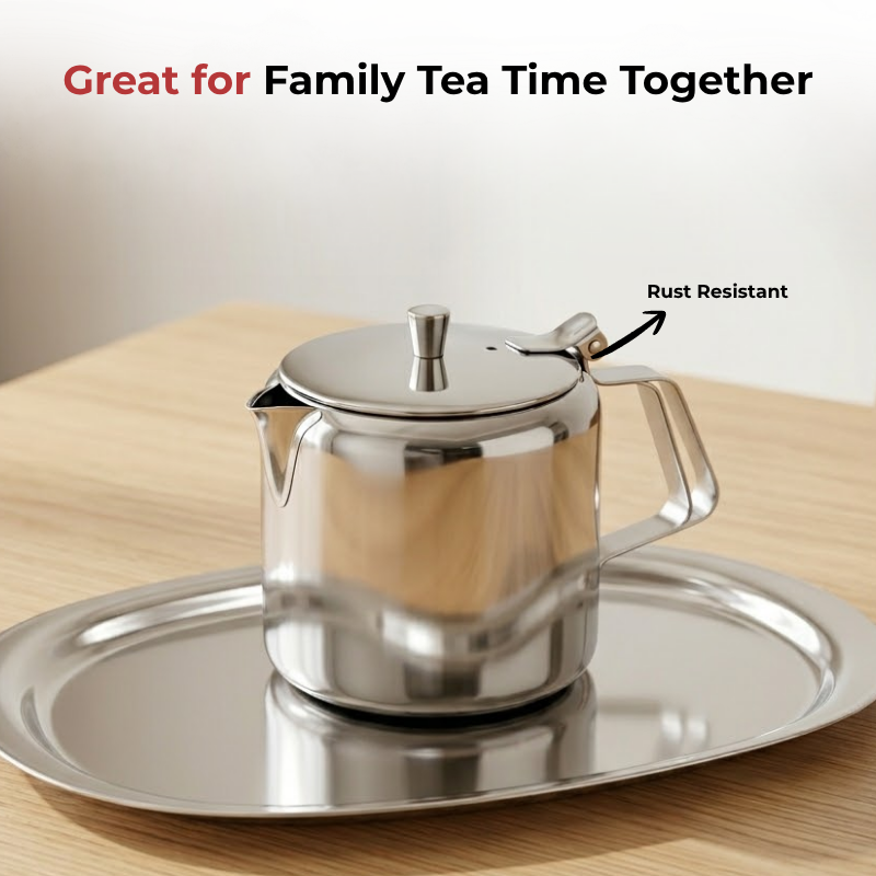 Vinod Stainless Steel Teapot, angled view