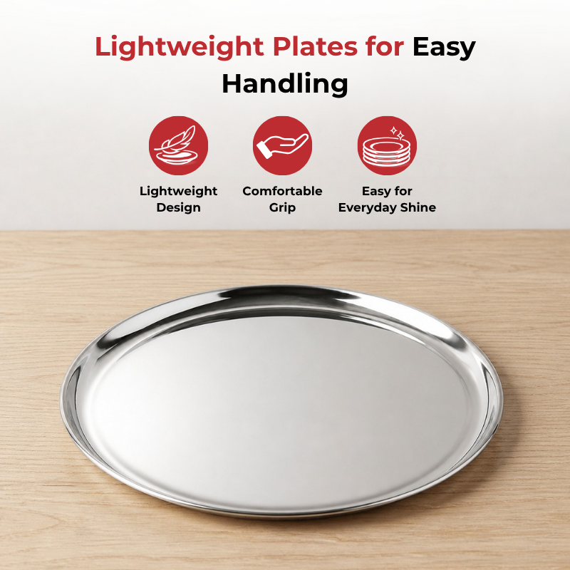 Vinod stainless steel Bangla Bogi lunch plate set of 6, 21 cm, mirror finish, angled view