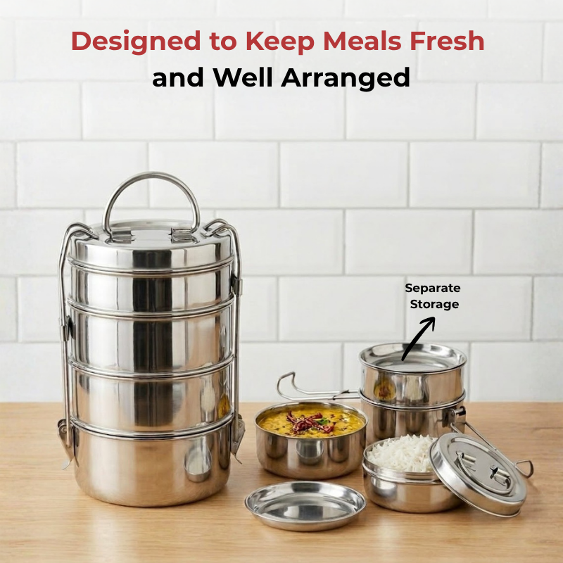 Vinod Stainless Steel Lunch Tiffin Set, angled view