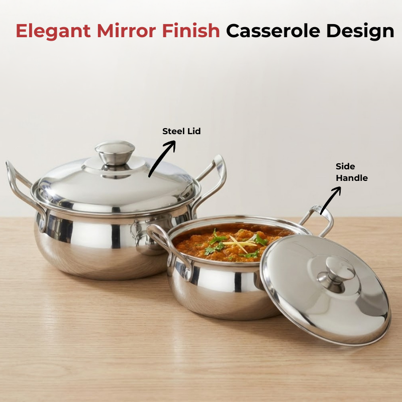 Vinod stainless steel milano serving casserole with steel lid & side handle, set of 2, 1230 ml & 1630 ml, close-up detail