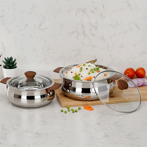 Vinod stainless steel Aroma insulated casserole set of 2, 750 ml and 1250 ml, top view
