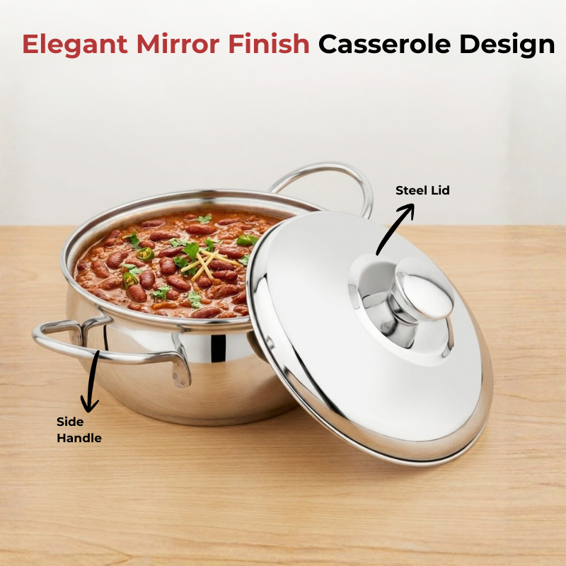 Vinod stainless steel milano plain serving casserole with steel lid & side handles, 2000 ml, close-up detail