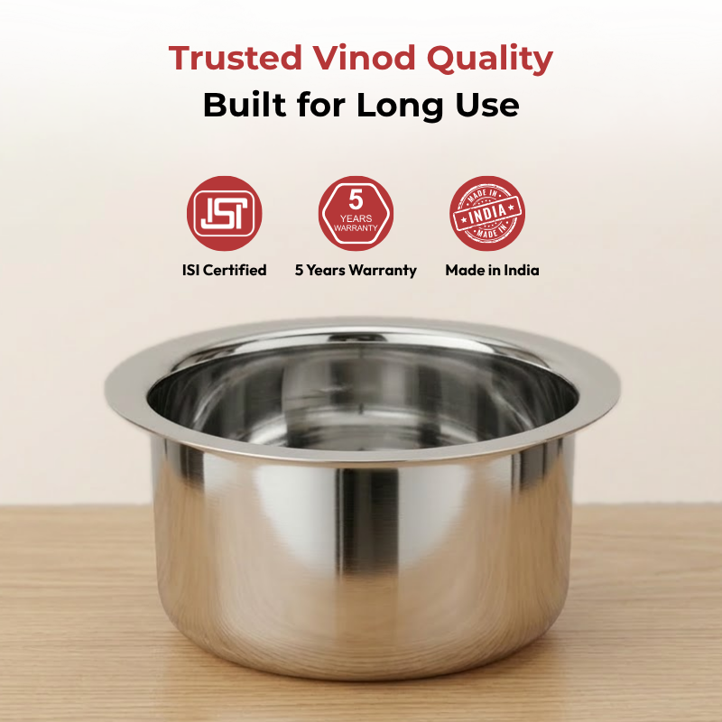 Vinod Stainless Steel Flat Bottom Tope without Lid, angled view