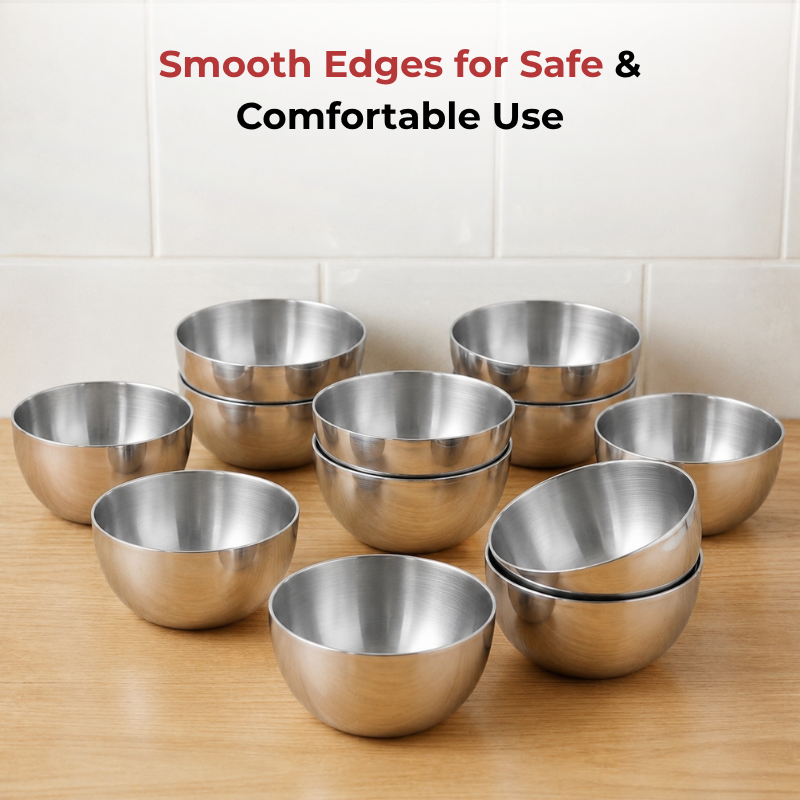 Vinod Stainless Steel Two Tone Bowl Set of 12 Pieces, angled view