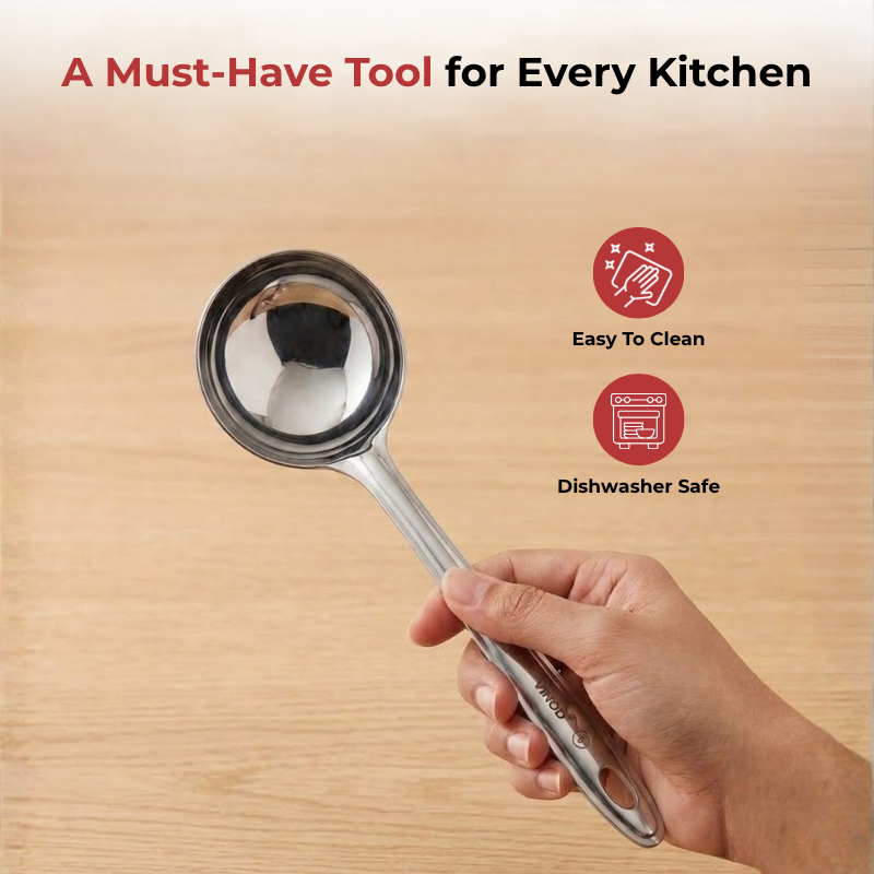 Vinod stainless steel dosa making spoon / ladle set of 2, angled view
