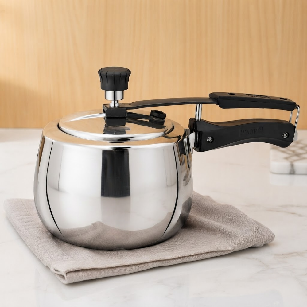 Vinod Doniv Titanium Triply stainless steel pressure cooker with inner lid, 2 litre, side view