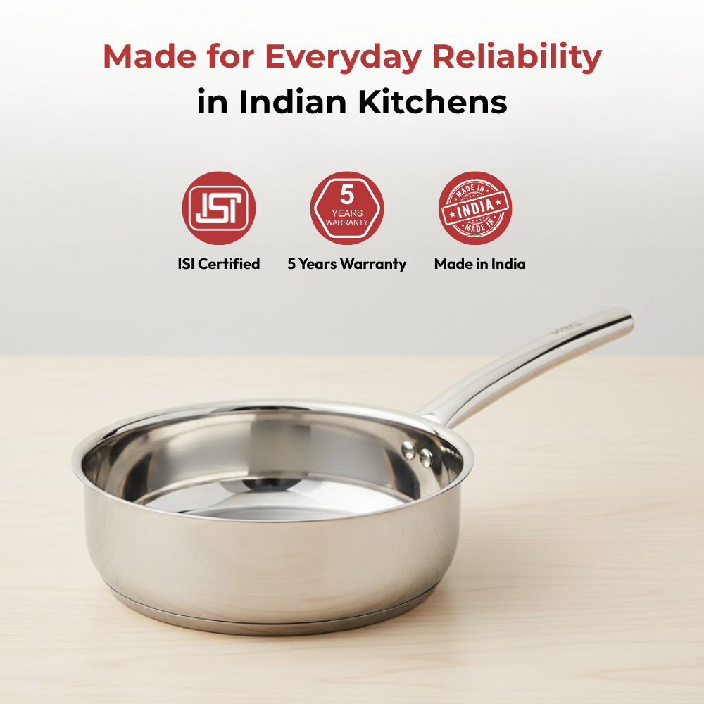 Vinod Doniv Majestic sandwich bottom stainless steel fry pan, 20 cm, 1.5 litre, angled view